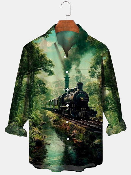 Travel Train Forest Long Sleeve Men's Shirts With Pocket