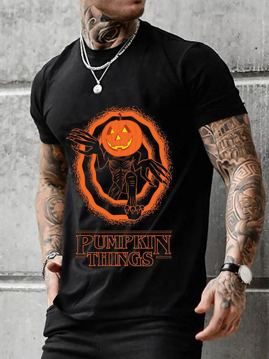 Halloween Pumpkin Text Print Men's Round Neck Short Sleeve T-Shirt