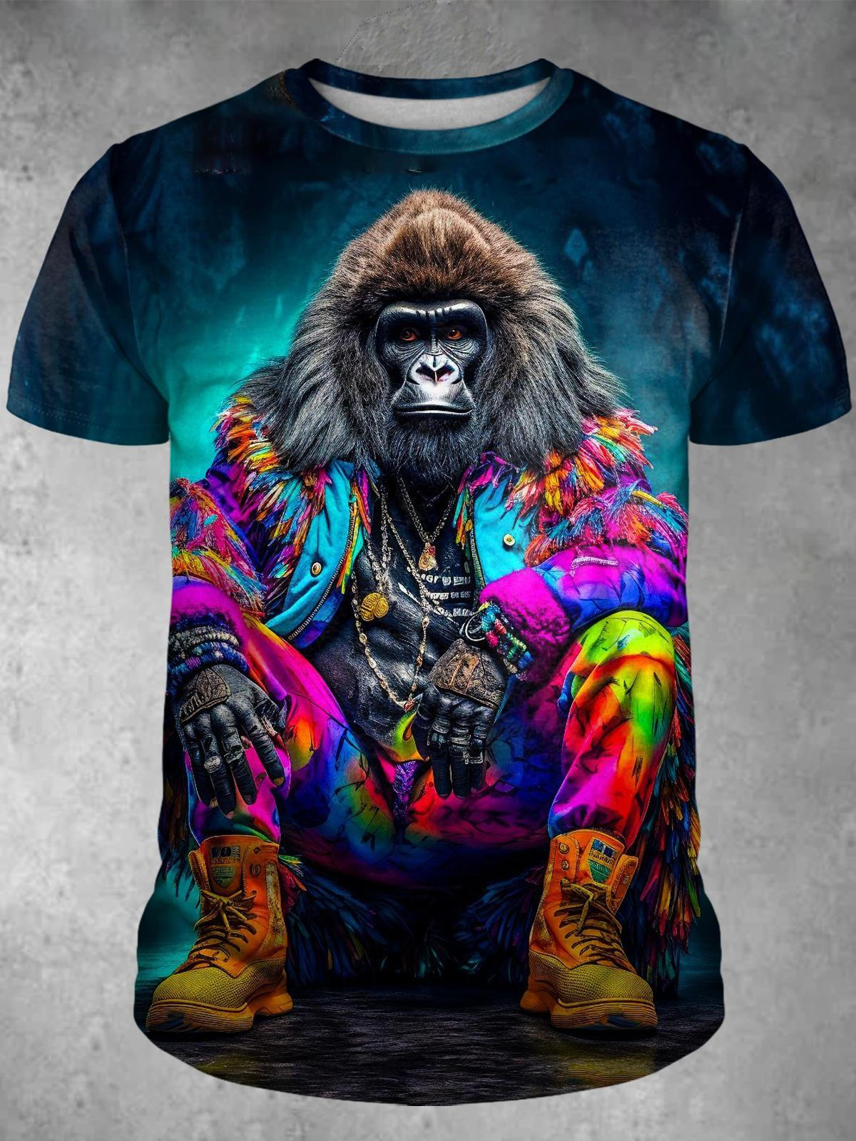 Colorful Gorilla Print Crew Neck Short Sleeve Men's T-Shirt