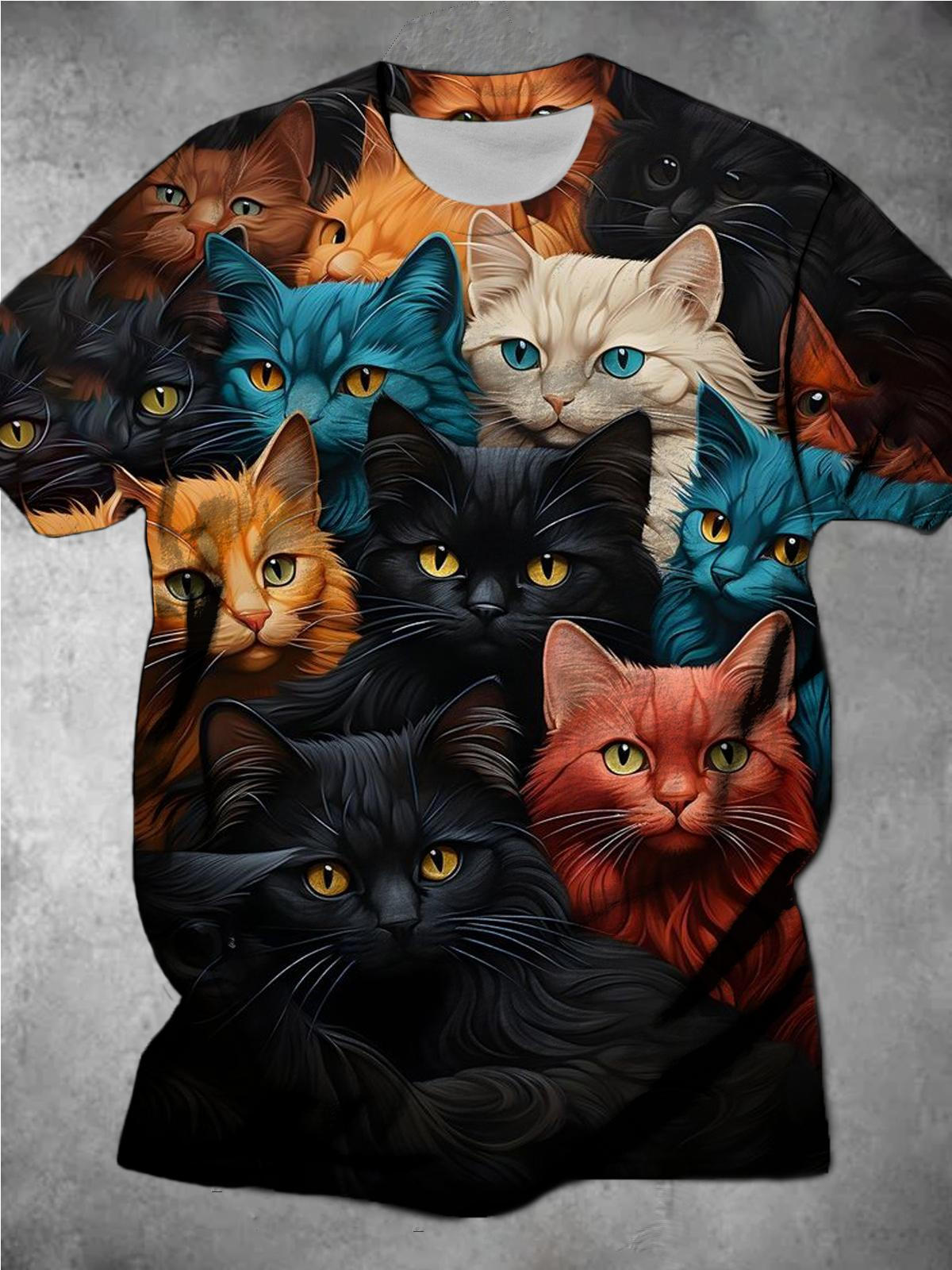 Cat Print Round Neck Short-Sleeved Men's T-Shirt