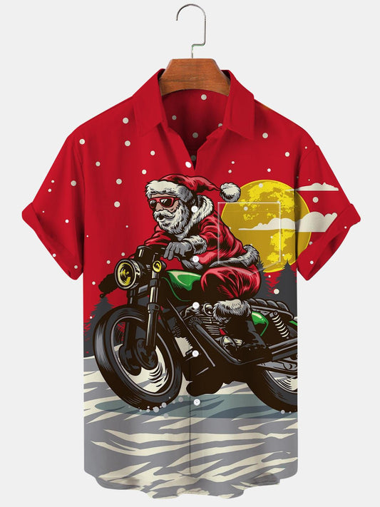 Santa Claus Motorcycle Short Sleeve Men's Shirts With Pocket
