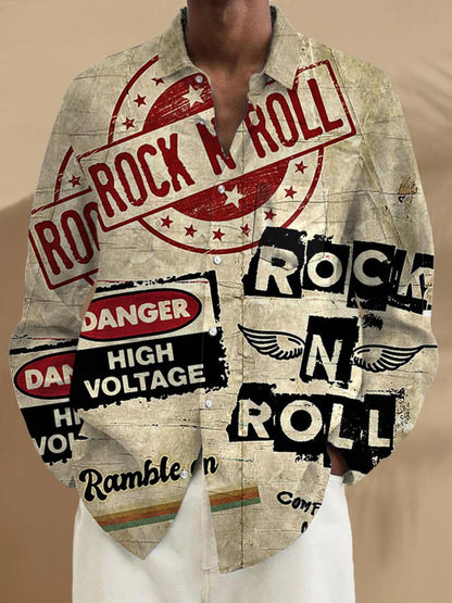 Rock Text Print Men's Long Sleeve Shirt - With Pockets
