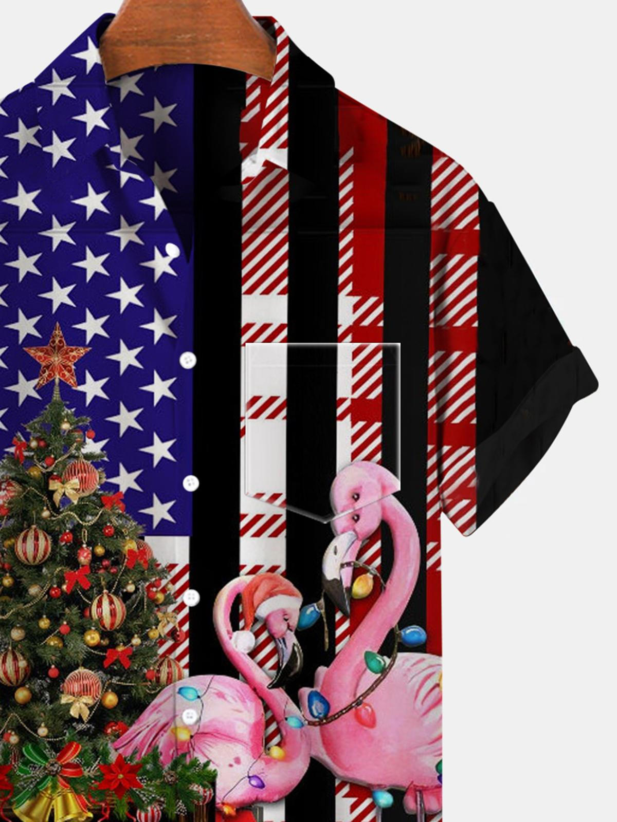 Flamingo American Flag Christmas Tree Short Sleeve Men's Shirts With Pocket