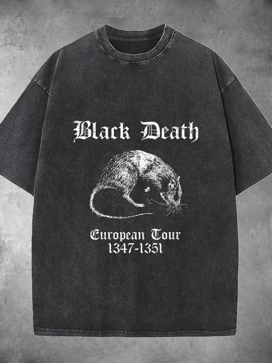 Black Death Rat Print Washed Short Sleeve Round Neck Men's T-shirt