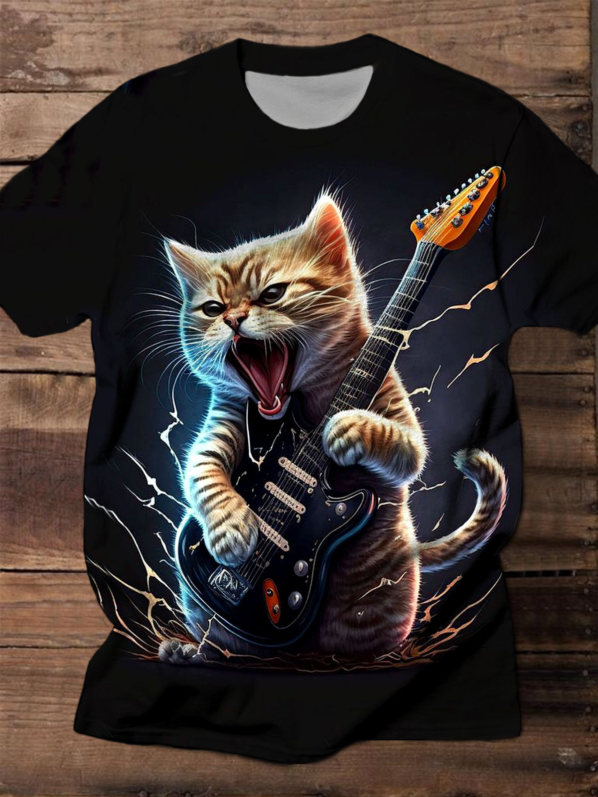 Rock Cat Guitar Round Neck Short Sleeve Men's T-shirt