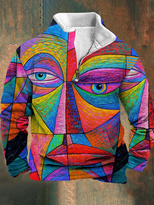 Abstract Face Print Men's Long Sleeve Stand Collar Zipper Sweatshirt