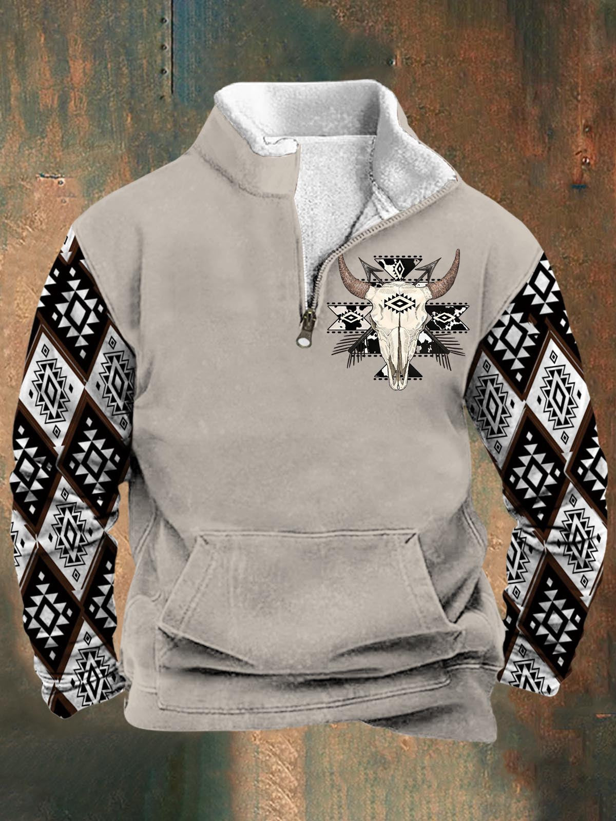 Western Bull Skull Print Long Sleeve Stand Collar Zipper Sweatshirt