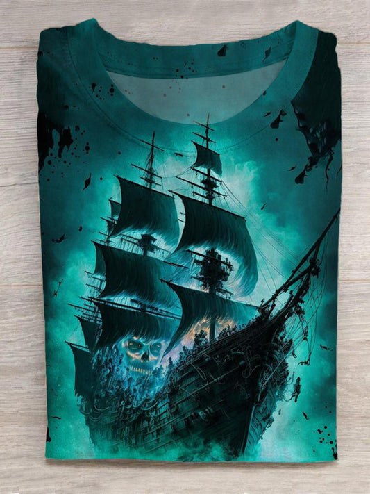 Skull Ship Print Round Neck Short Sleeve Men's T-Shirt