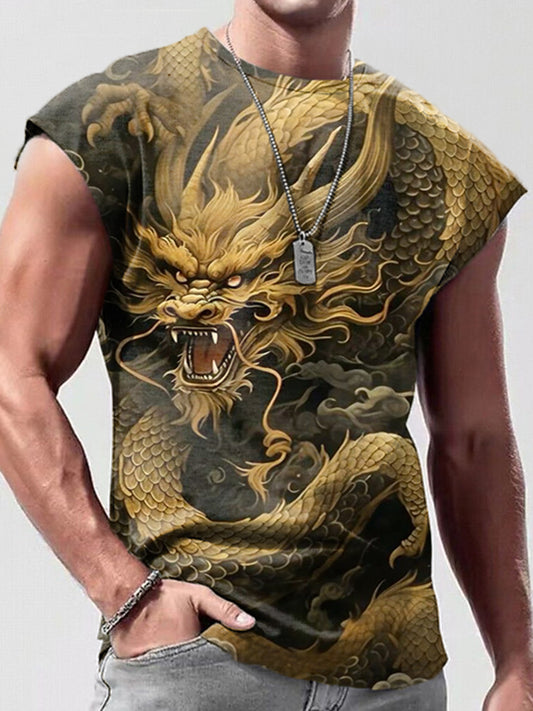 Golden Dragon Vintage Print Sleeveless Vest For Men