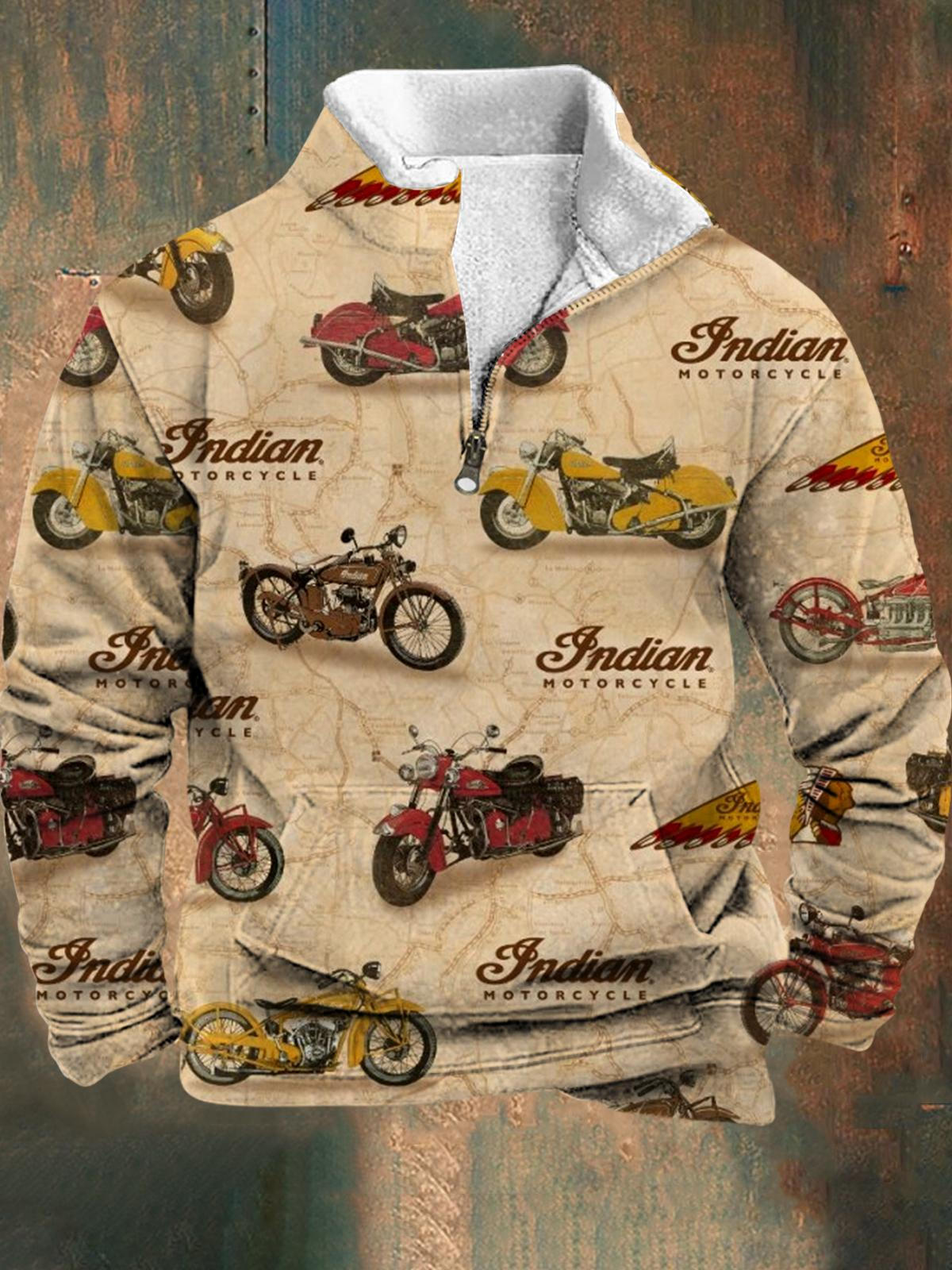 Motorcycle Print Men's Long Sleeve Stand Collar Zipper Sweatshirt