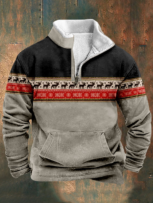 Men's Western Elk Print Long Sleeve Stand Collar Zip Sweatshirt