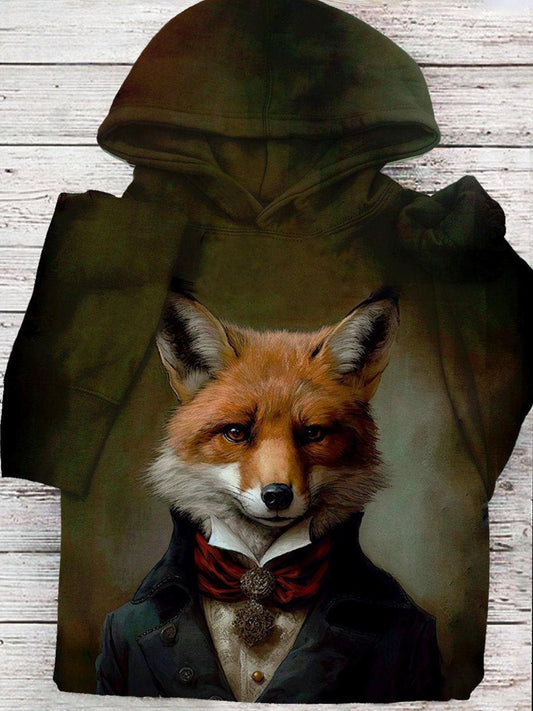 Vintage Fox Print Long Sleeve Hooded Men's Top