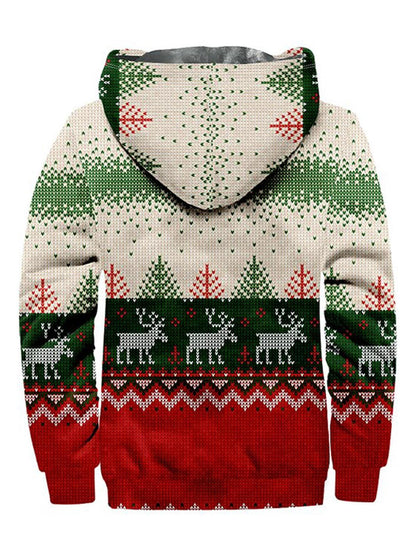 Christmas Elk Print Casual Hooded Zip Jacket