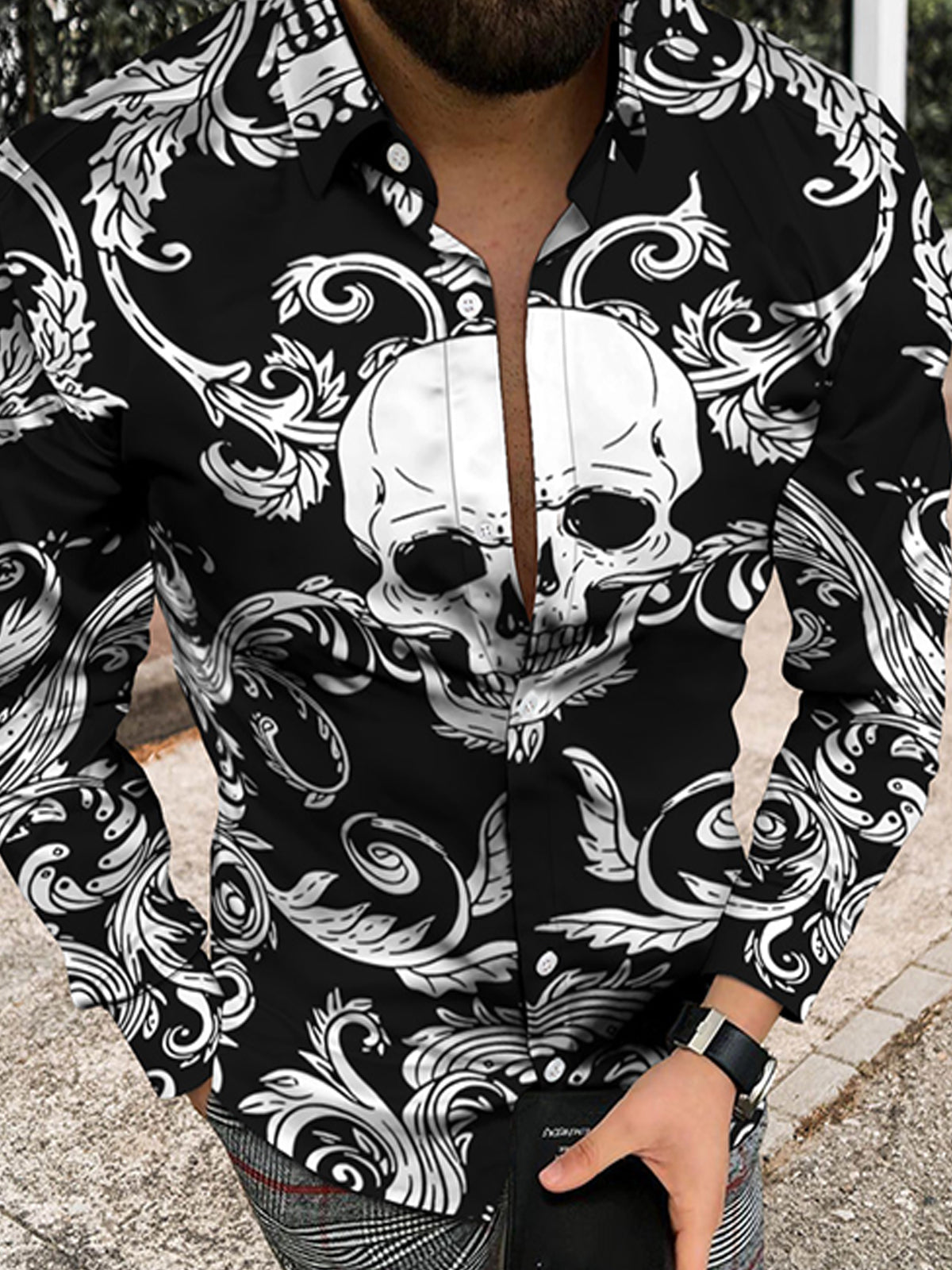 Lapel Skull Print Casual Long Sleeve Men's Shirt