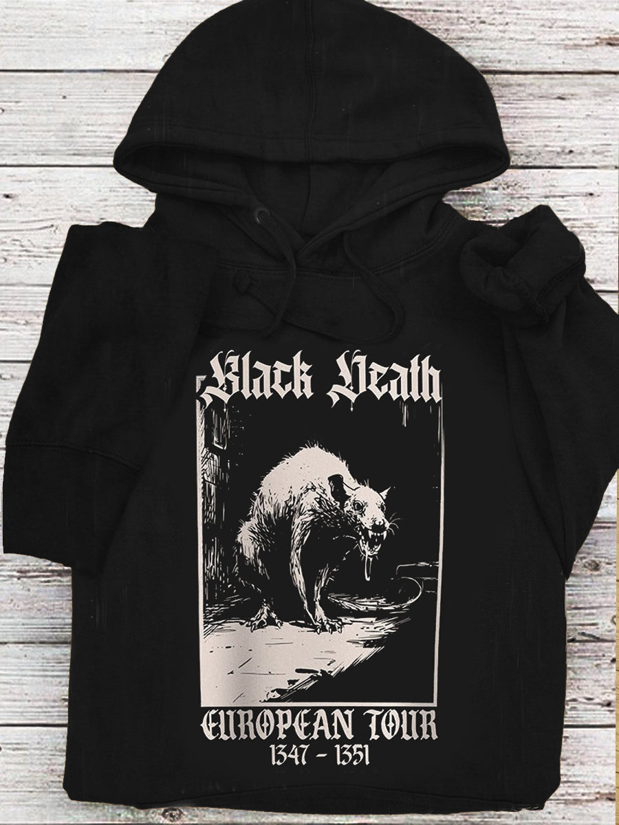 Black Death Medieval Mouse Print Long Sleeve Hooded Pocket Men's Top
