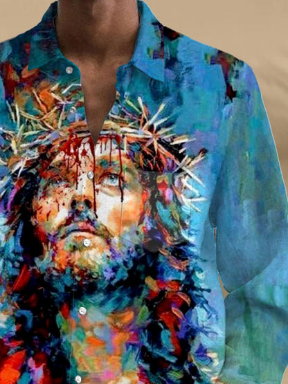 Jesus Print Long Sleeve Men's Shirts With Pocket