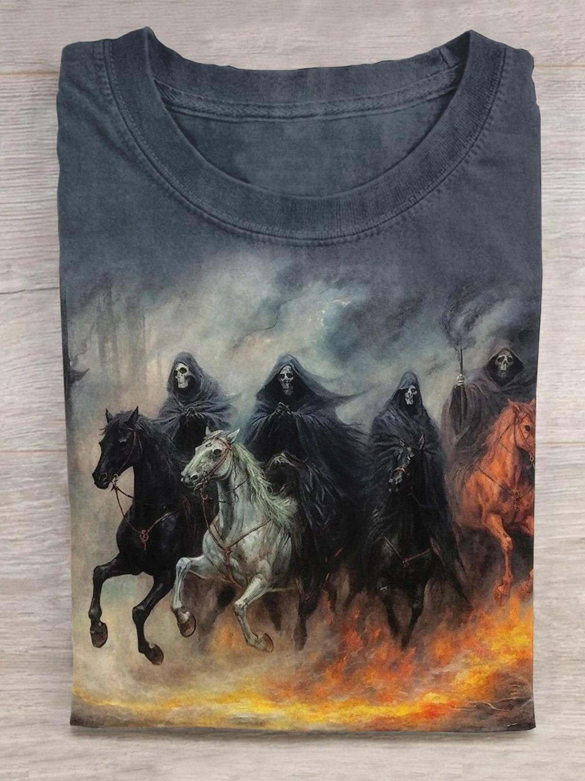 Halloween Skull Horse Print Round Neck Short Sleeve Men's T-Shirt