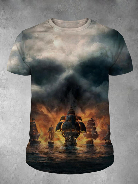 Boat print crew neck short sleeve men's T-shirt