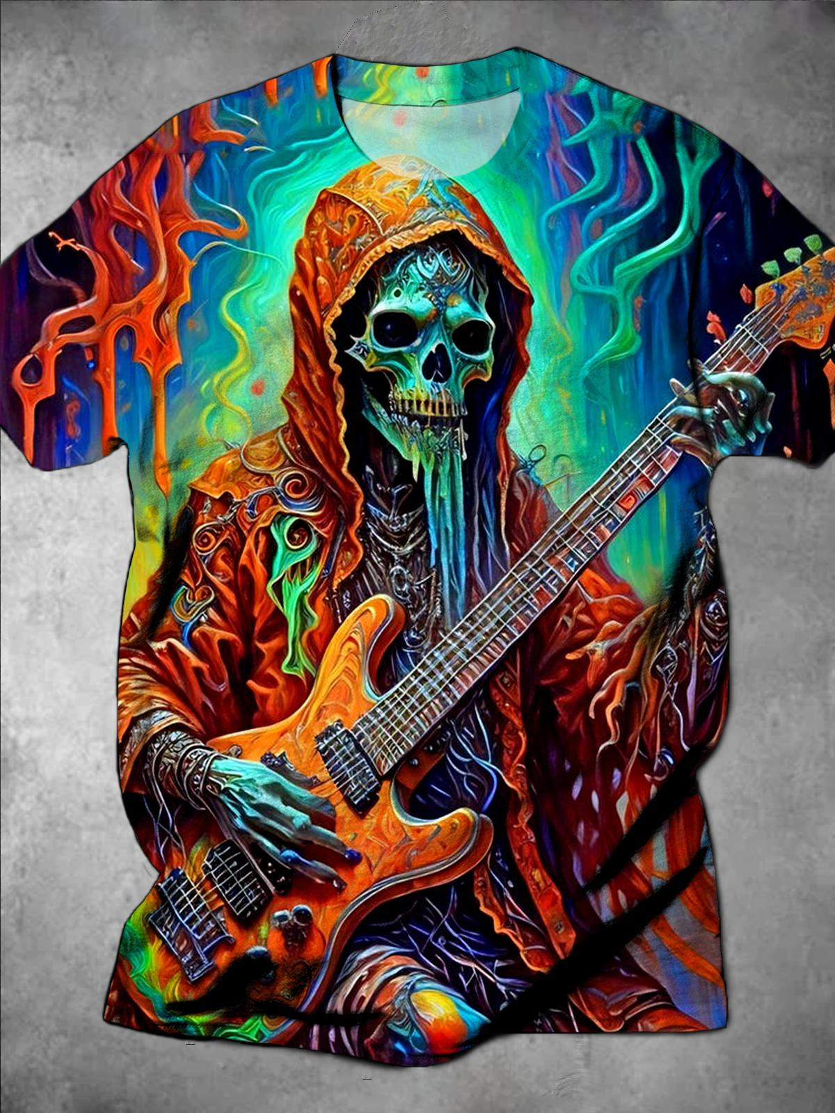Skull Playing Guitar Print Round Neck Short Sleeve Men's T-shirt