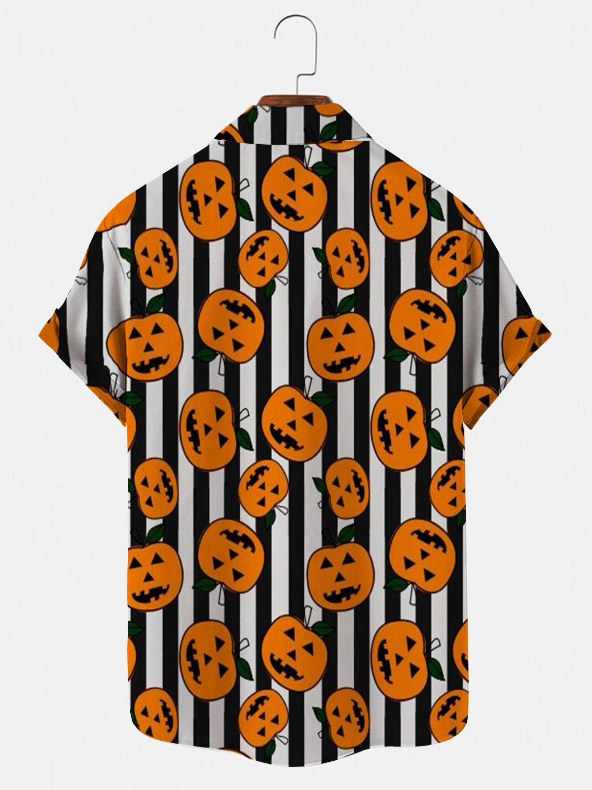 Halloween Pumpkin Stripe Men's Shirts With Pocket