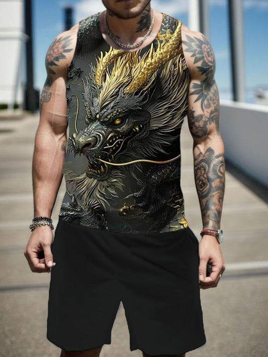 Dragon Print Men's Suit Sleeveless Round Neck Vest + Shorts