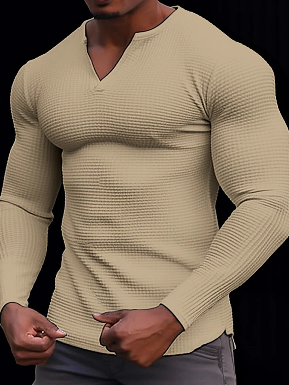Casual Solid Color Waffle V-Neck Long Sleeve Men's T-Shirt