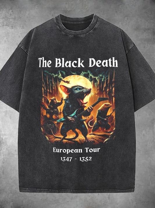 Black Death European Tour Rat Playing Guitar Print Washed Short Sleeve Round Neck T-shirt