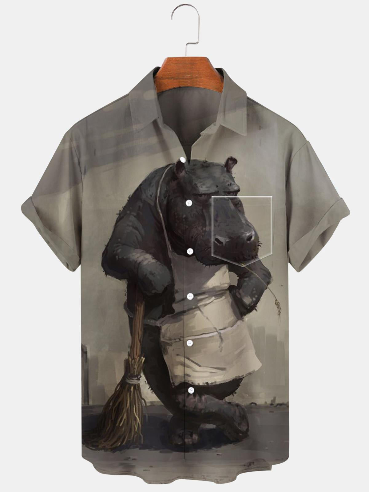 Hippopotamus Short Sleeve Men's Shirts With Pocket