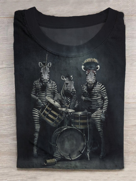 Zebra Drumming Print Round Neck Short Sleeve Men's T-shirt