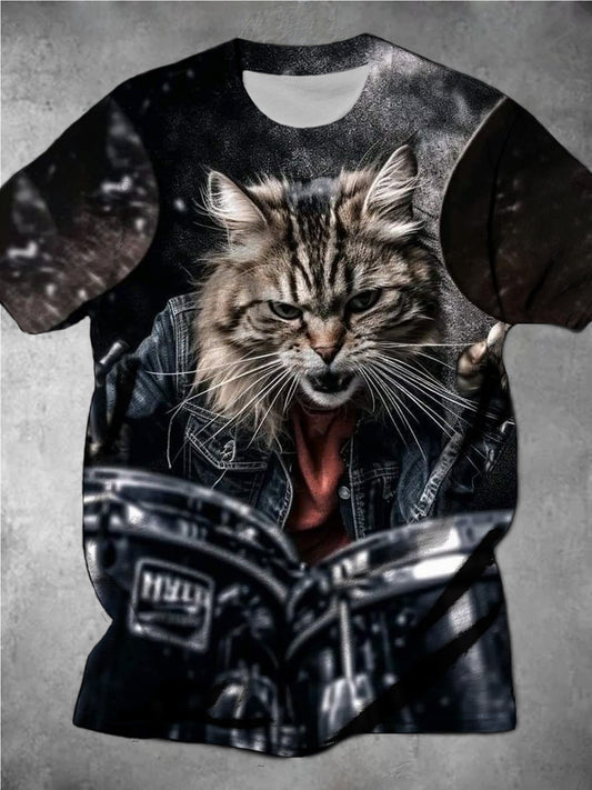 Cat Playing Drum Print Round Neck Short Sleeve Men's T-Shirt