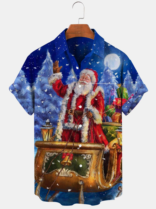 Santa Claus Sleigh Short Sleeve Men's Shirts With Pocket