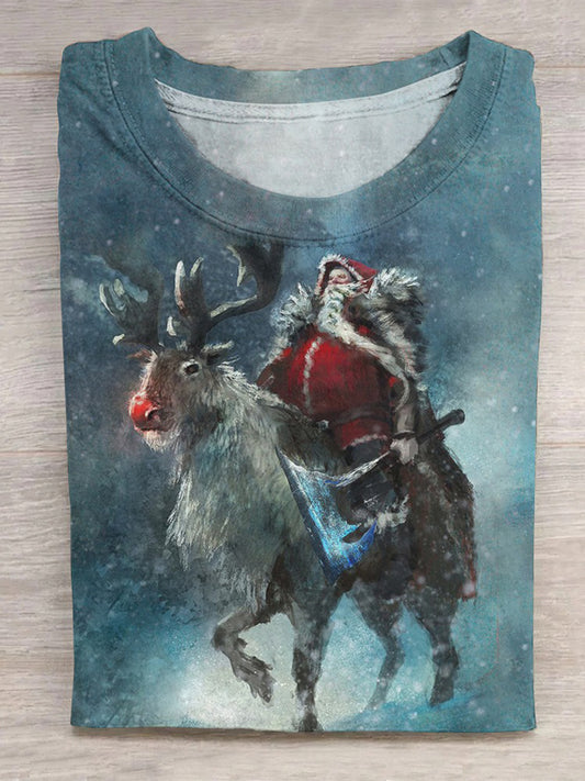 Santa Elk Print Round Neck Short Sleeve Men's T-shirt