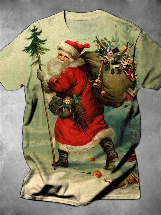 Vintage Santa Claus Print Round Neck Short Sleeve Men's T-Shirt