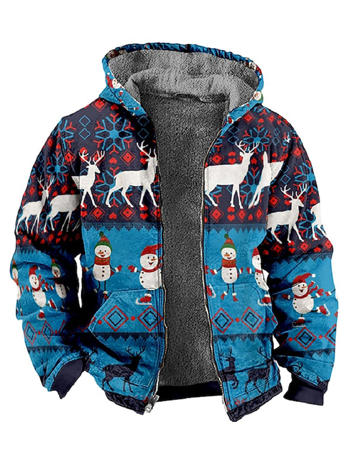 Christmas Snowman Elk Print Hooded Zip Jacket