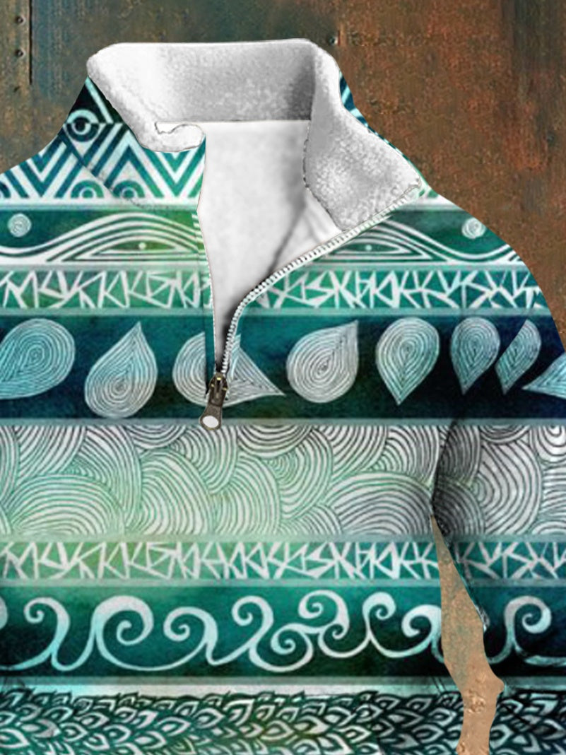 Ethnic Pattern Print Men's Long Sleeve Stand Collar Zipper Sweatshirt
