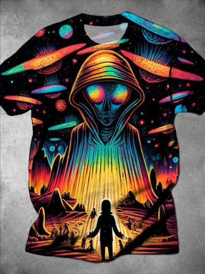 Psychedelic Alien Print Round Neck Short Sleeve Men's T-shirt
