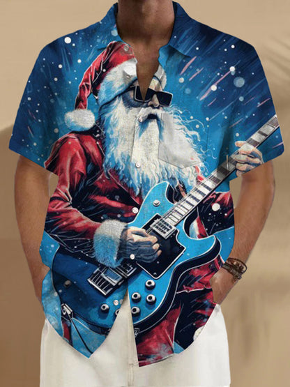 Santa Claus Playing Guitar Short Sleeve Men's Shirts With Pocket