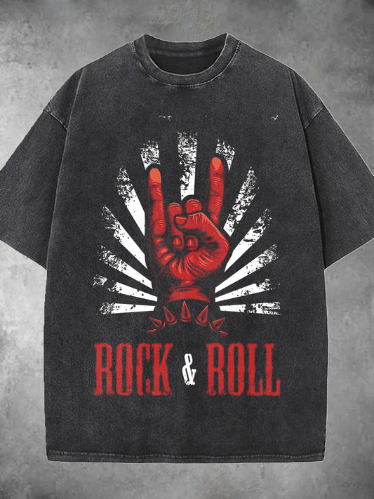 ROCK&ROLL Print Washed Short Sleeve Round Neck Men's T-shirt