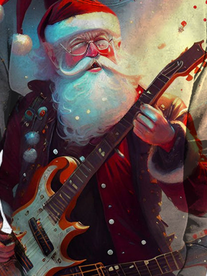 Santa Claus Playing Guitar Round Neck Long Sleeve Men's Top