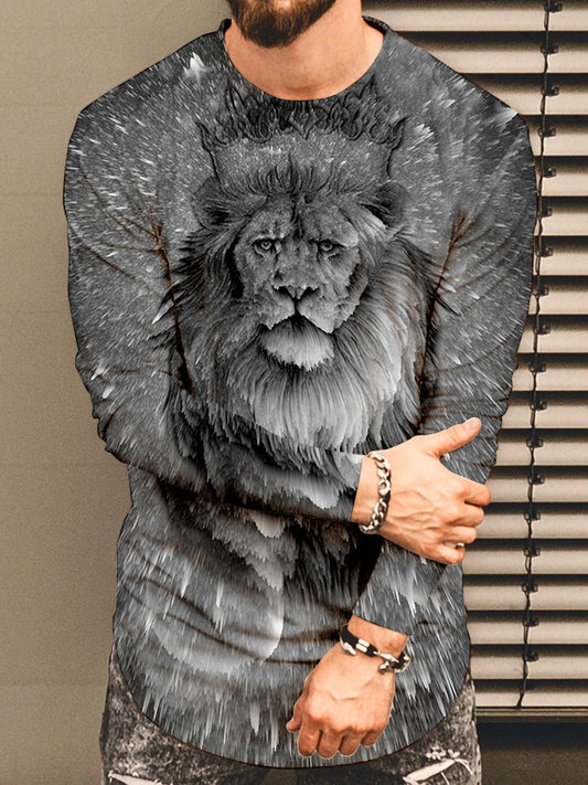 Animal Lion Print Round Neck Long Sleeve Men's T-shirt Top