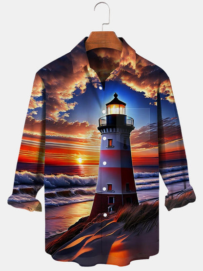 Lighthouse Long Sleeve Men's Shirts With Pocket