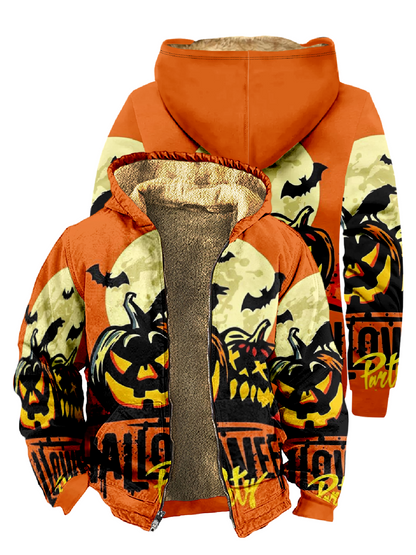 Halloween Pumpkin Print Long Sleeve Hooded Zipper Men's Jacket