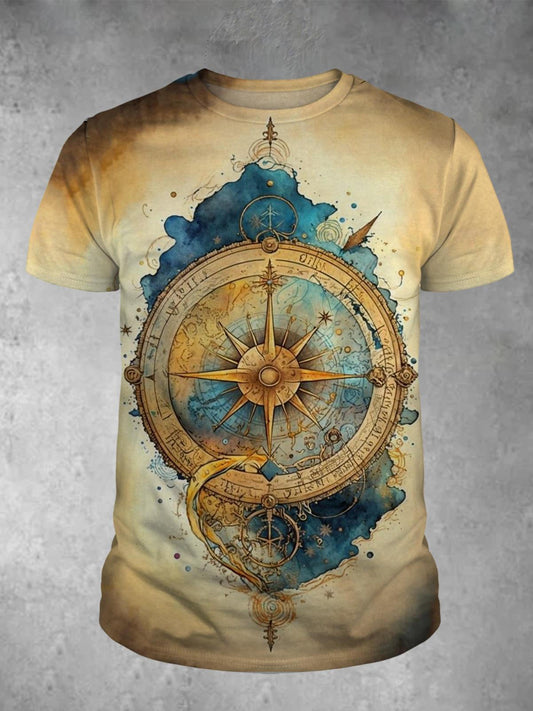 Vintage Compass Print Round Neck Short Sleeve Men's T-shirt