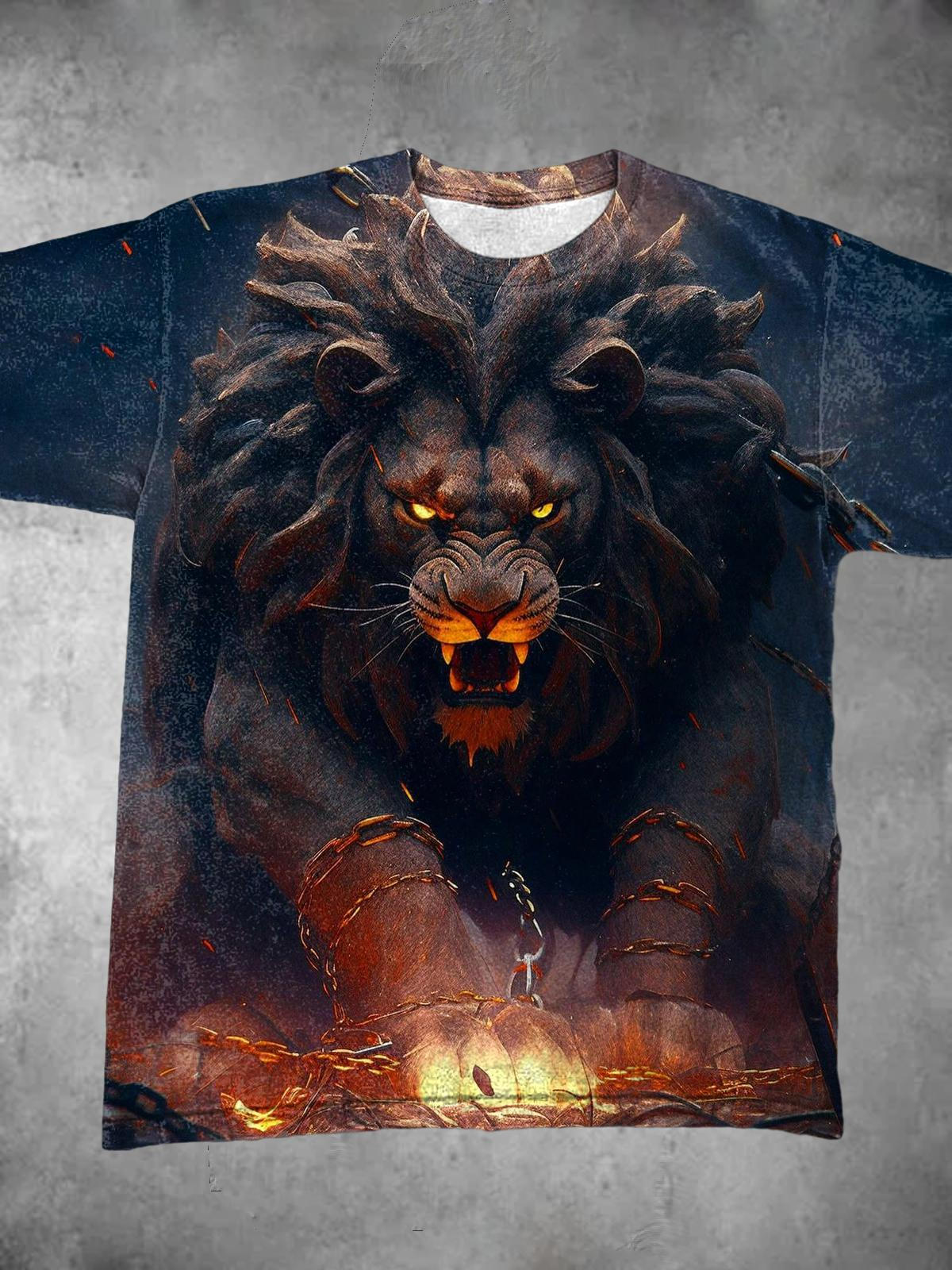 Flame Lion Print Men's Short Sleeve Round Neck T-Shirt