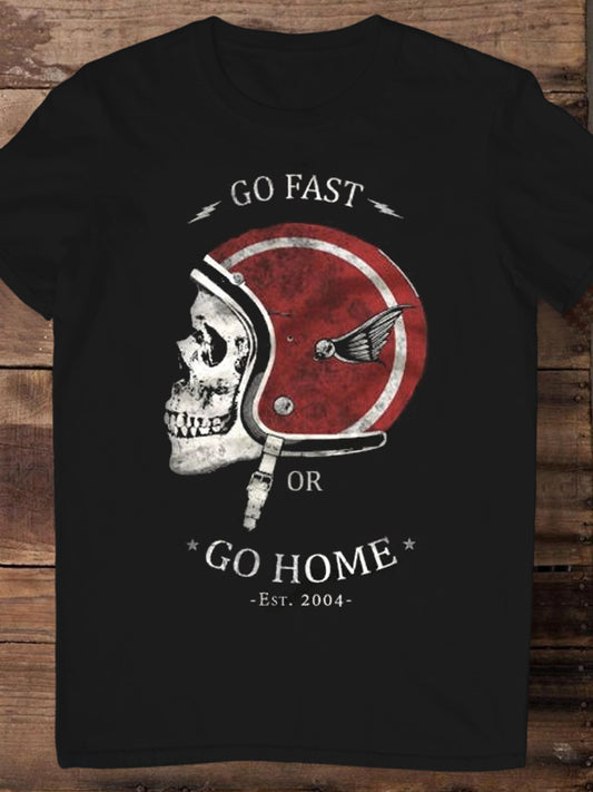 Retro Skull Motorcycle Helmet Print Round Neck Short Sleeve Men's T-shirt