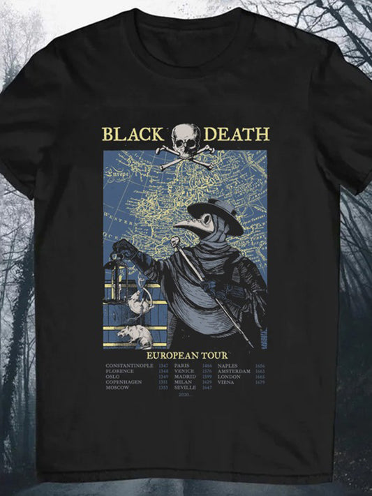 Black Death European Tour Print Round Neck Short Sleeve Men's T-shirt