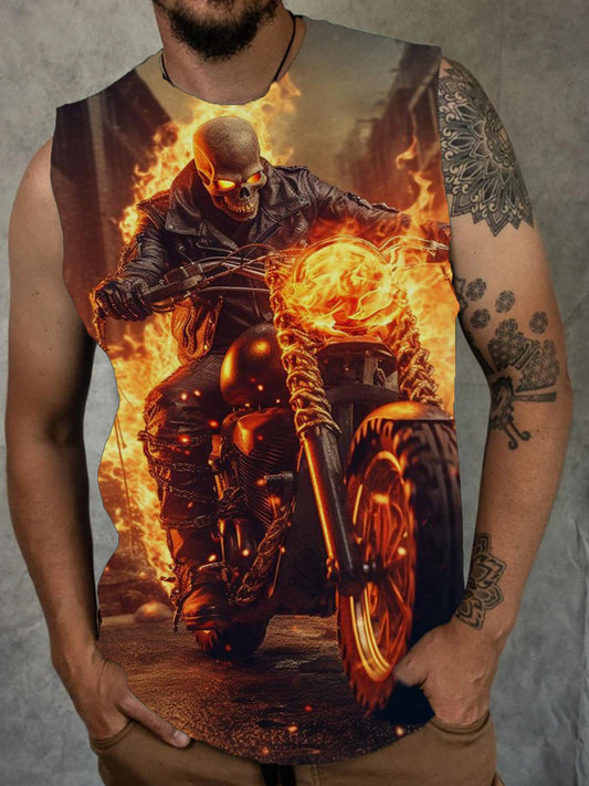 Motorcycle Flame Skull Print Men's Sleeveless Round Neck Vest