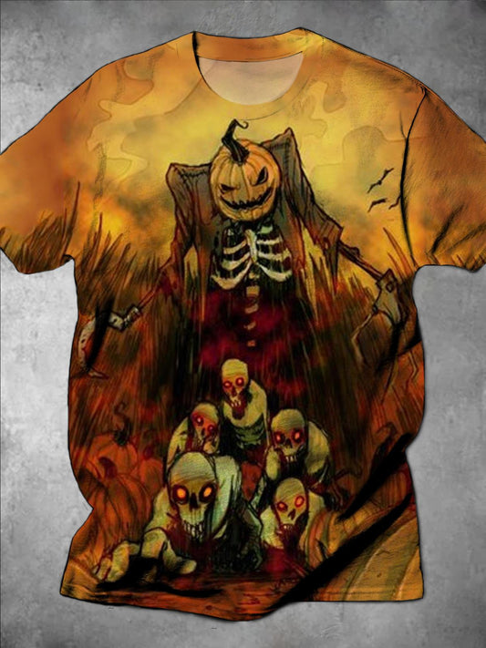 Halloween Pumpkin Skull Print Round Neck Short Sleeve Men's T-Shirt
