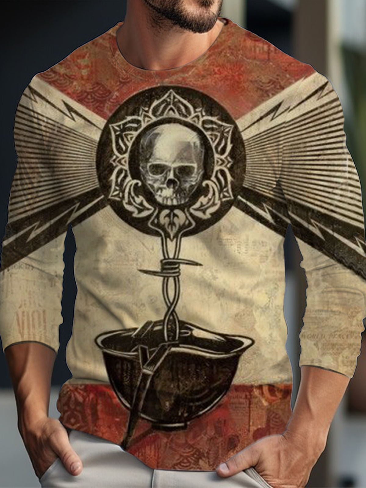 Skull Print Men's Long Sleeve Round Neck T-Shirt
