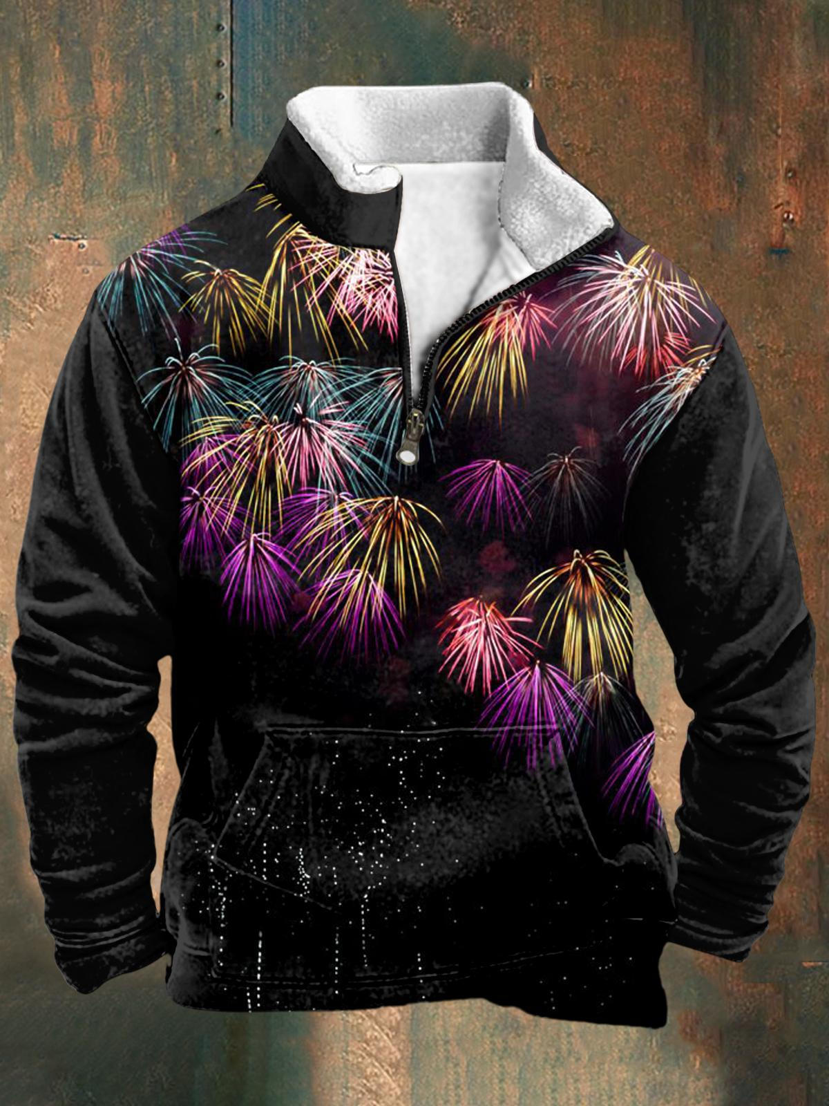 Fireworks Personalized Men's Long-Sleeved Stand Collar Zipper Sweatshirt (With Pockets)